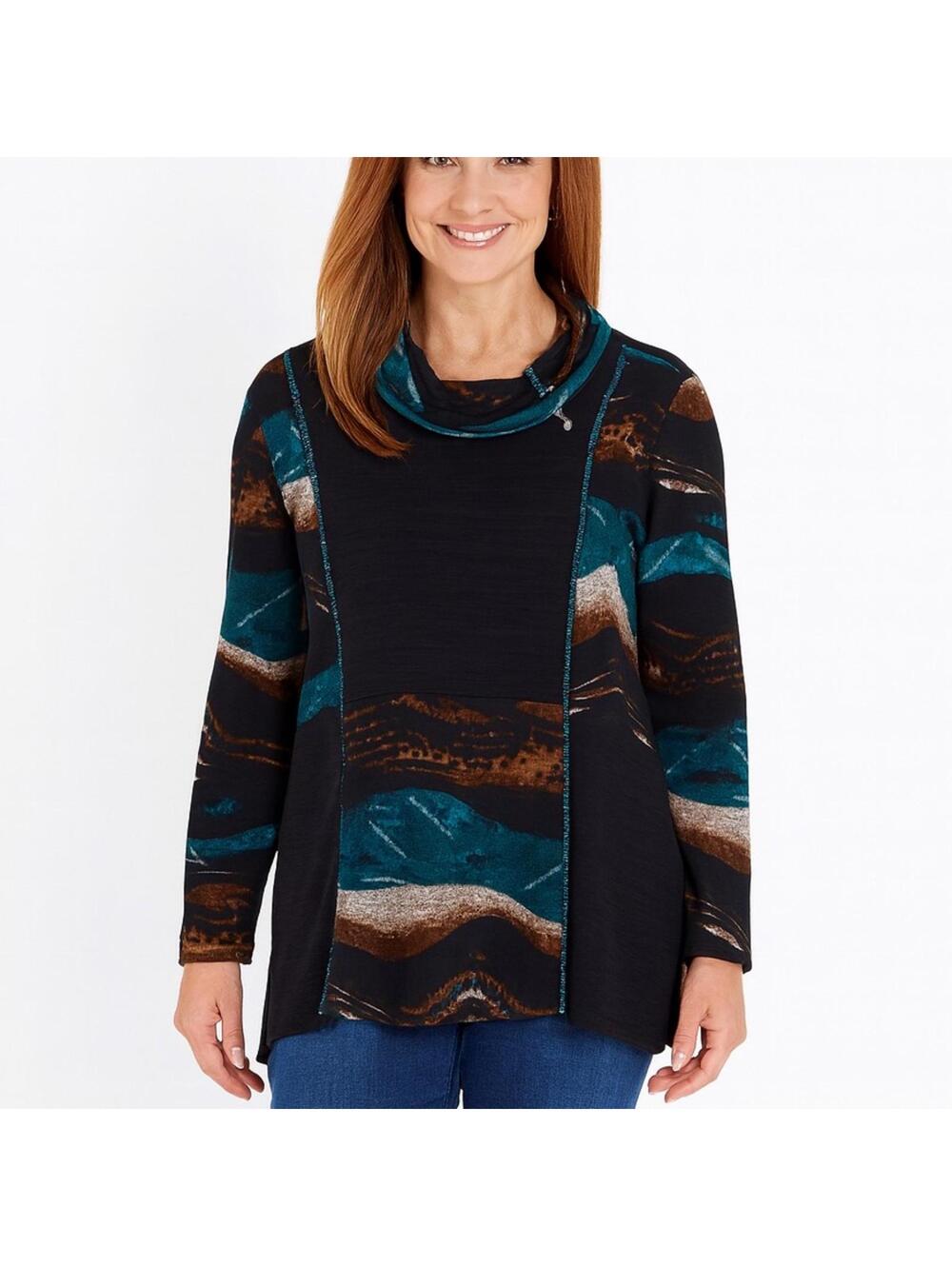 Ali Miles Cowl Neck Tunic Sweater Embroidered Colorblock Oversized L Art
